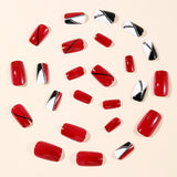 24pcs/Set Red Irregular Glitter Lines with Black & White Splice Press-On Nails