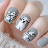 24pcs/Set Short Gray Printed Puppy Press On Nails