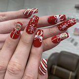 24pcs/Set Red Christmas Bow Snowflakes Scattered Rhinestones Press-On Nails