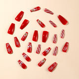 24pcs/Set Red Christmas Bow Snowflakes Scattered Rhinestones Press-On Nails