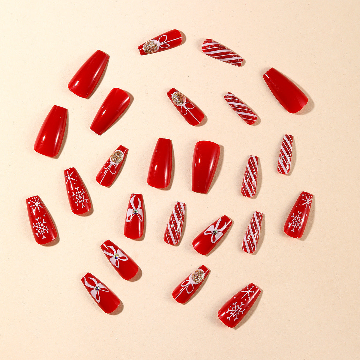 24pcs/Set Red Christmas Bow Snowflakes Scattered Rhinestones Press-On Nails