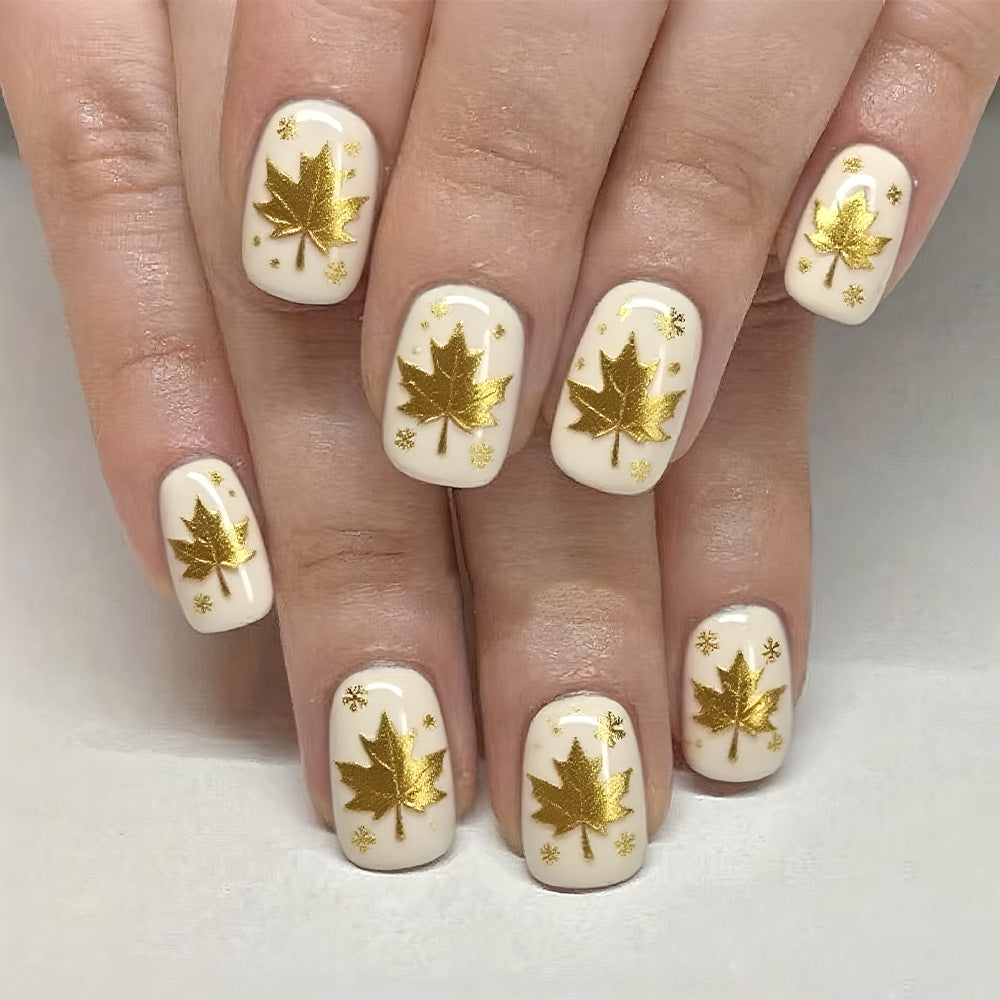 24pcs/Set Autumn-Winter Short Gilded Maple Leaf Press On Nails