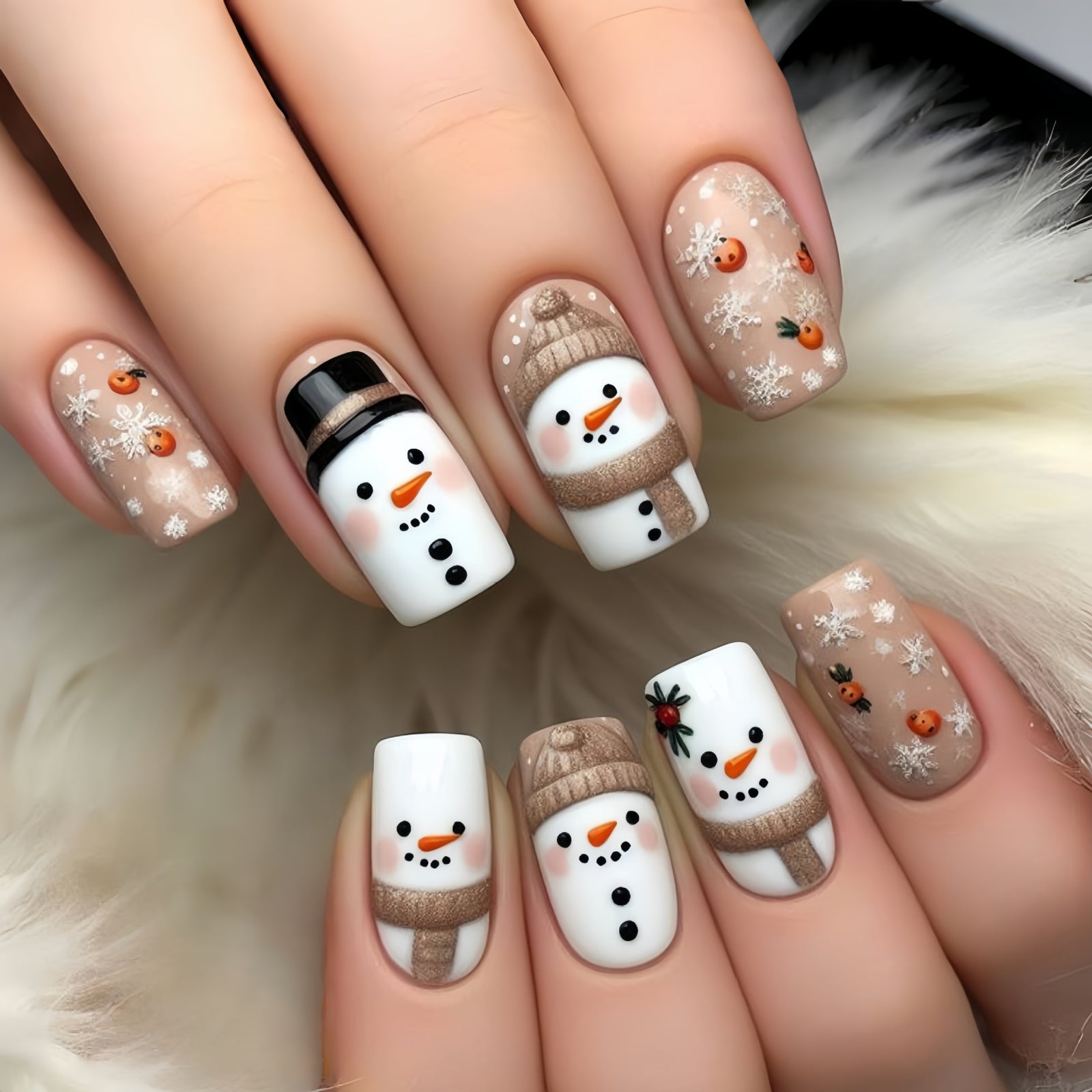 24pcs/Set Christmas Brown Snowman Press-On Nails