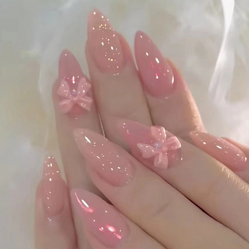 24pcs/Set Solid Pink 3D Bow Press-On Nails