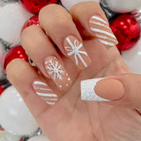 24pcs/Set Christmas White French with Snowflake & Bow Press-On Nails
