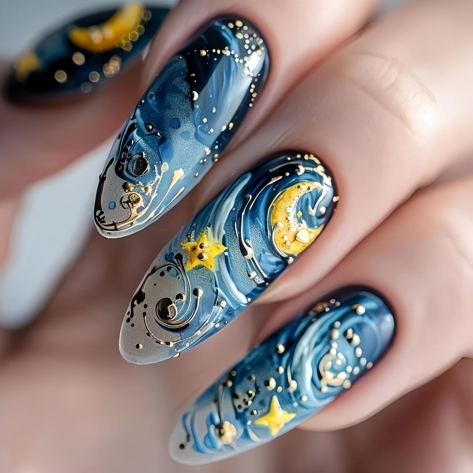 24pcs/Set Blue Starry Sky with Moon & Stars Press-On Nails