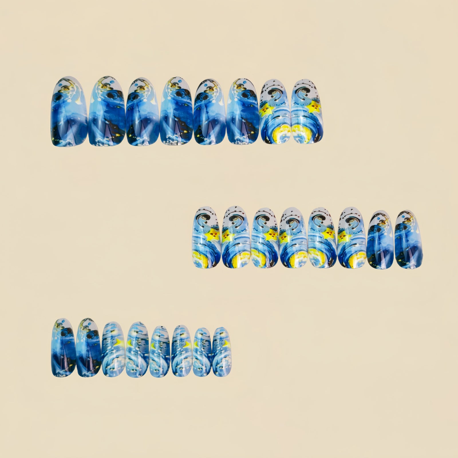 24pcs/Set Blue Starry Sky with Moon & Stars Press-On Nails