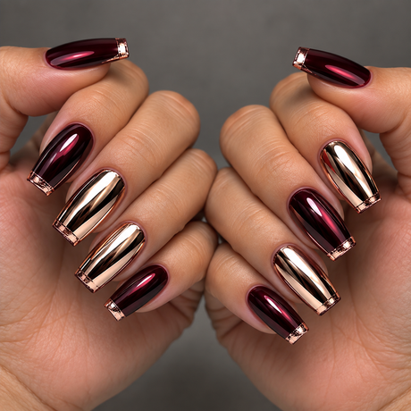 24pcs/Set Dark Red & Copper Electroplated Press-On Nails