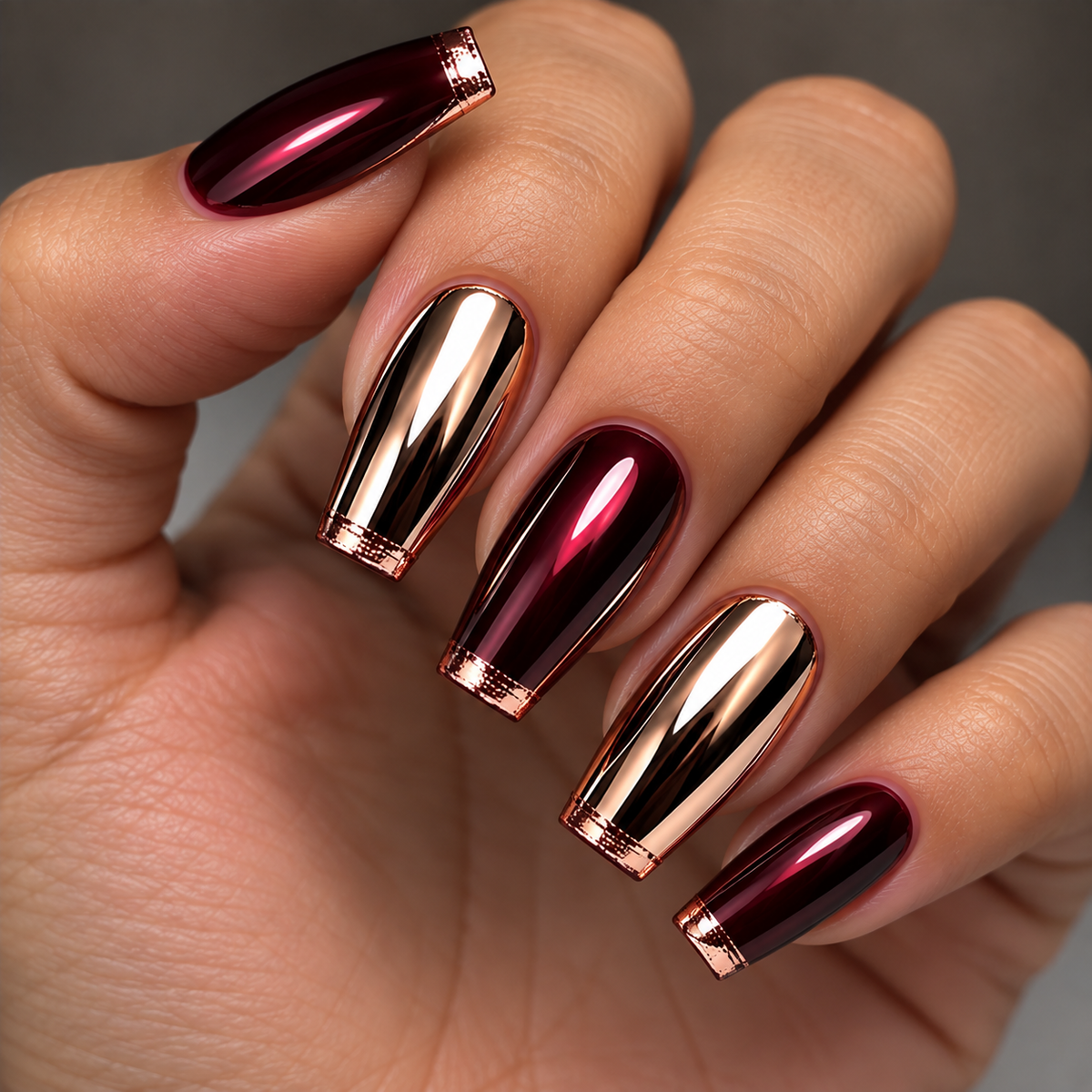 24pcs/Set Dark Red & Copper Electroplated Press-On Nails