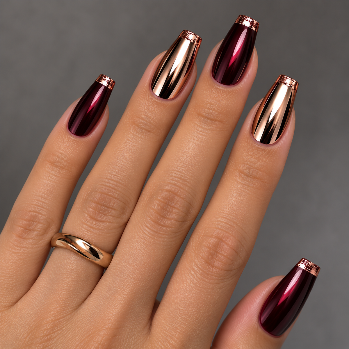 24pcs/Set Dark Red & Copper Electroplated Press-On Nails