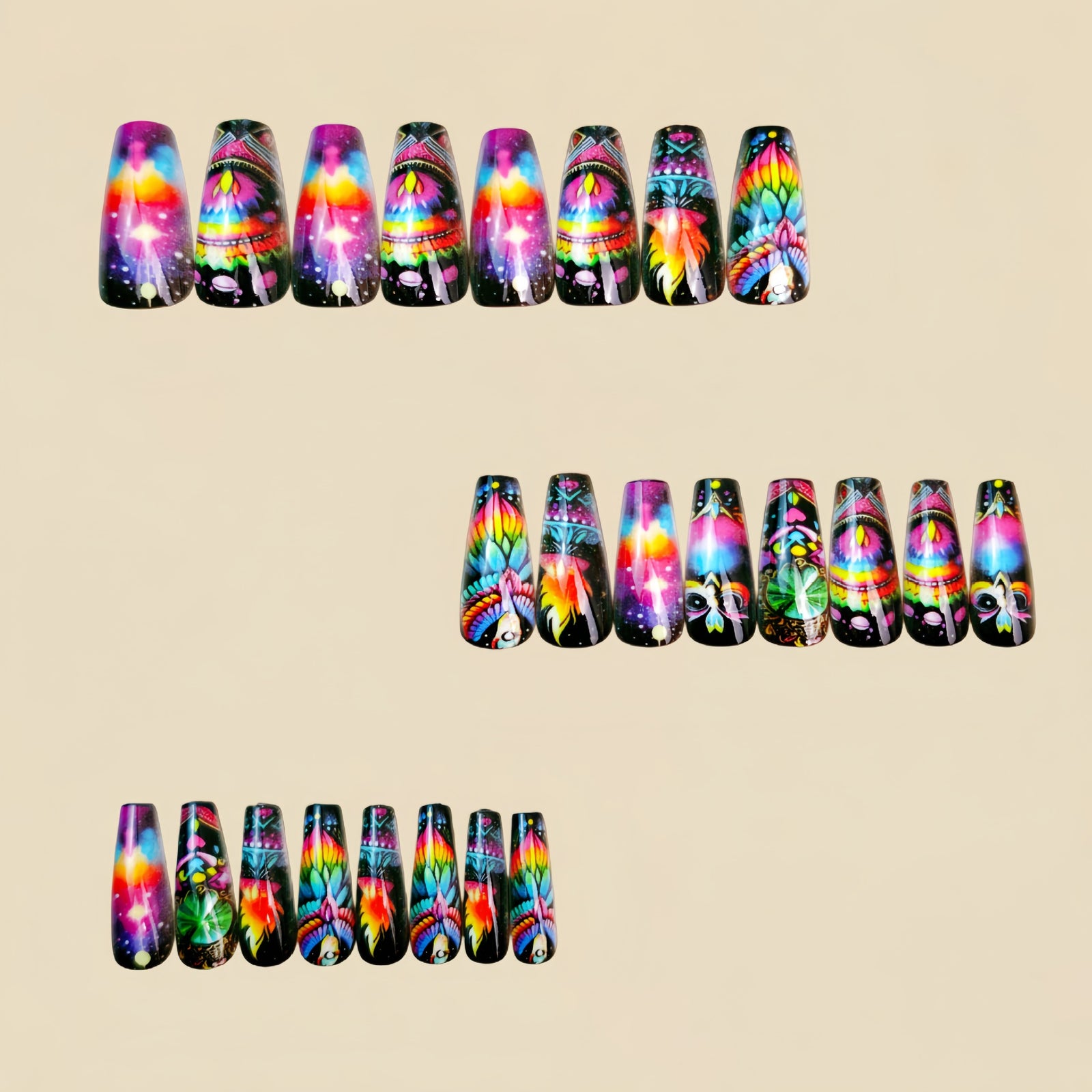 24pcs/Set Multicolor Stripe Feather Bohemian Press-On Nails