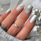 24pcs/Set Christmas Stripe Silver-White Snowflake Press-On Nails