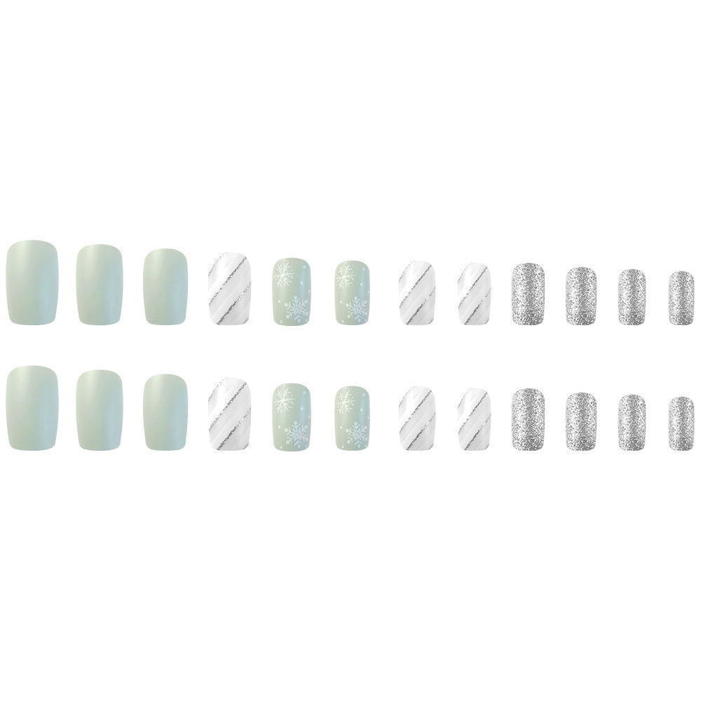 24pcs/Set Christmas Stripe Silver-White Snowflake Press-On Nails