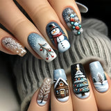 24pcs/Set Christmas Snowman, Tree, Igloo & Snowflake Press-On Nails