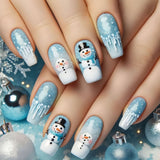 24pcs/Set Blue Snowman Christmas with Snowflakes Press-On Nails