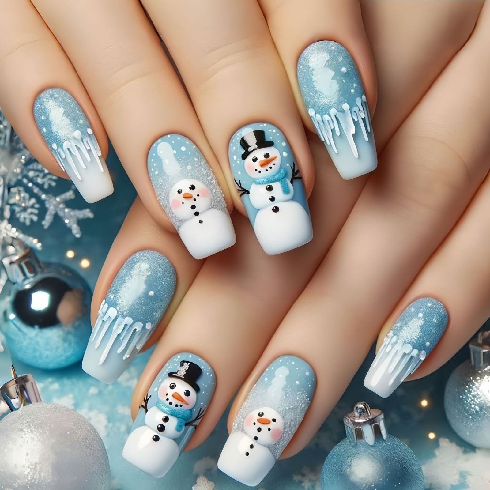 24pcs/Set Blue Snowman Christmas with Snowflakes Press-On Nails