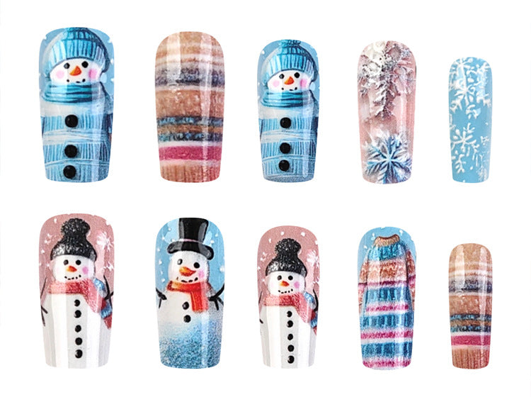 24pcs/Set Christmas Snowman Embossed with Snowflakes Press-On Nails