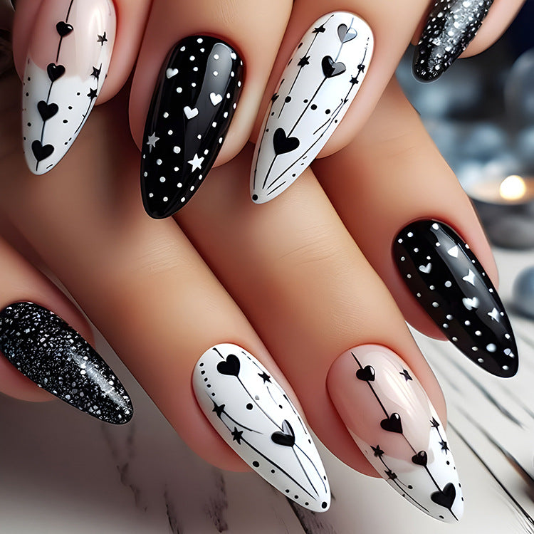 24pcs/Set 3DValentine's Black White Heart & Star Press-On Nails