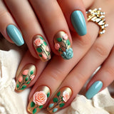 24pcs/Set Blue Botanical Flowers Press-On Nails