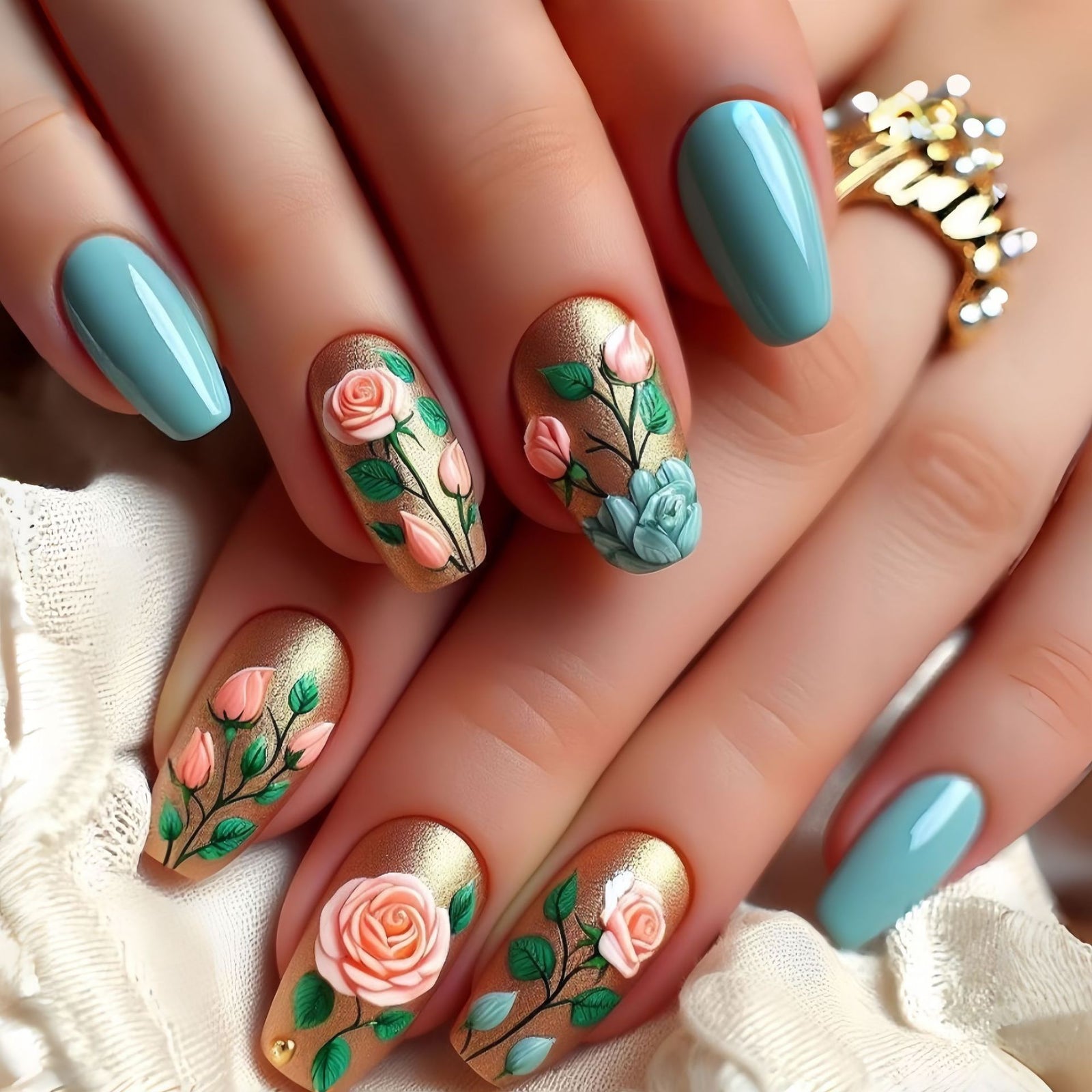 24pcs/Set Blue Botanical Flowers Press-On Nails