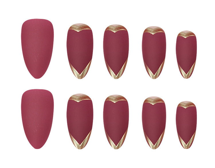 24pcs/Set 3D Line Gilded French in Wine Red Press-On Nails
