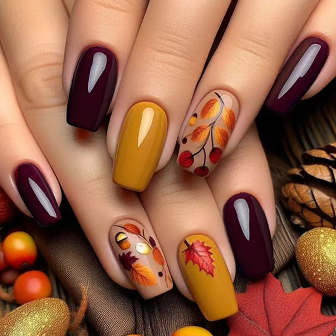 24pcs/Set 3D Autumn-Winter Wine Red with Nuts & Maple Leaf Press-On Nails