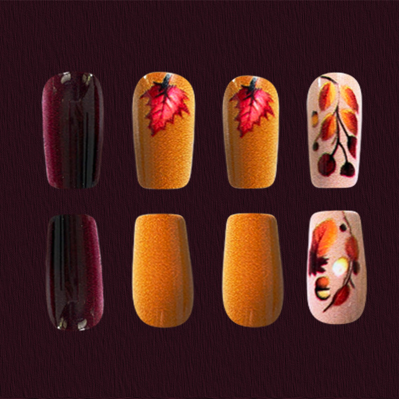 24pcs/Set 3D Autumn-Winter Wine Red with Nuts & Maple Leaf Press-On Nails