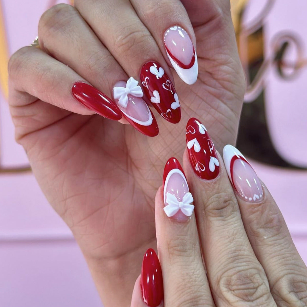 24pcs/Set Valentine's Red & White French Tip with Heart & 3D Bow Press-On Nails