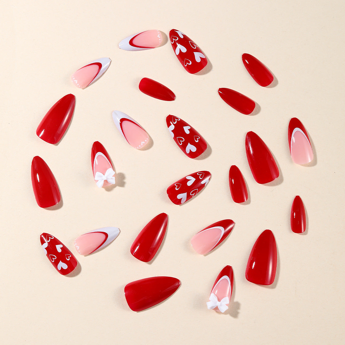 24pcs/Set Valentine's Red & White French Tip with Heart & 3D Bow Press-On Nails