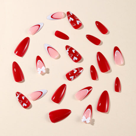 24pcs/Set Valentine's Red & White French Tip with Heart & 3D Bow Press-On Nails
