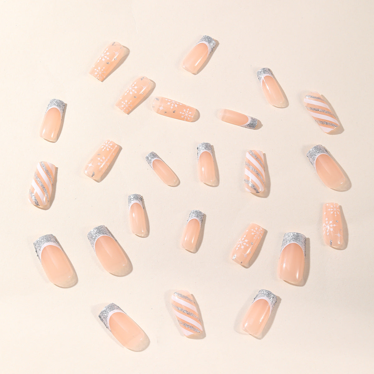 24pcs/Set Christmas Nude Glitter French Tip with Snowflakes Press-On Nails