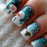 24pcs/Set Christmas Blue Gradient Snowman Snowflakes Press-On Nails