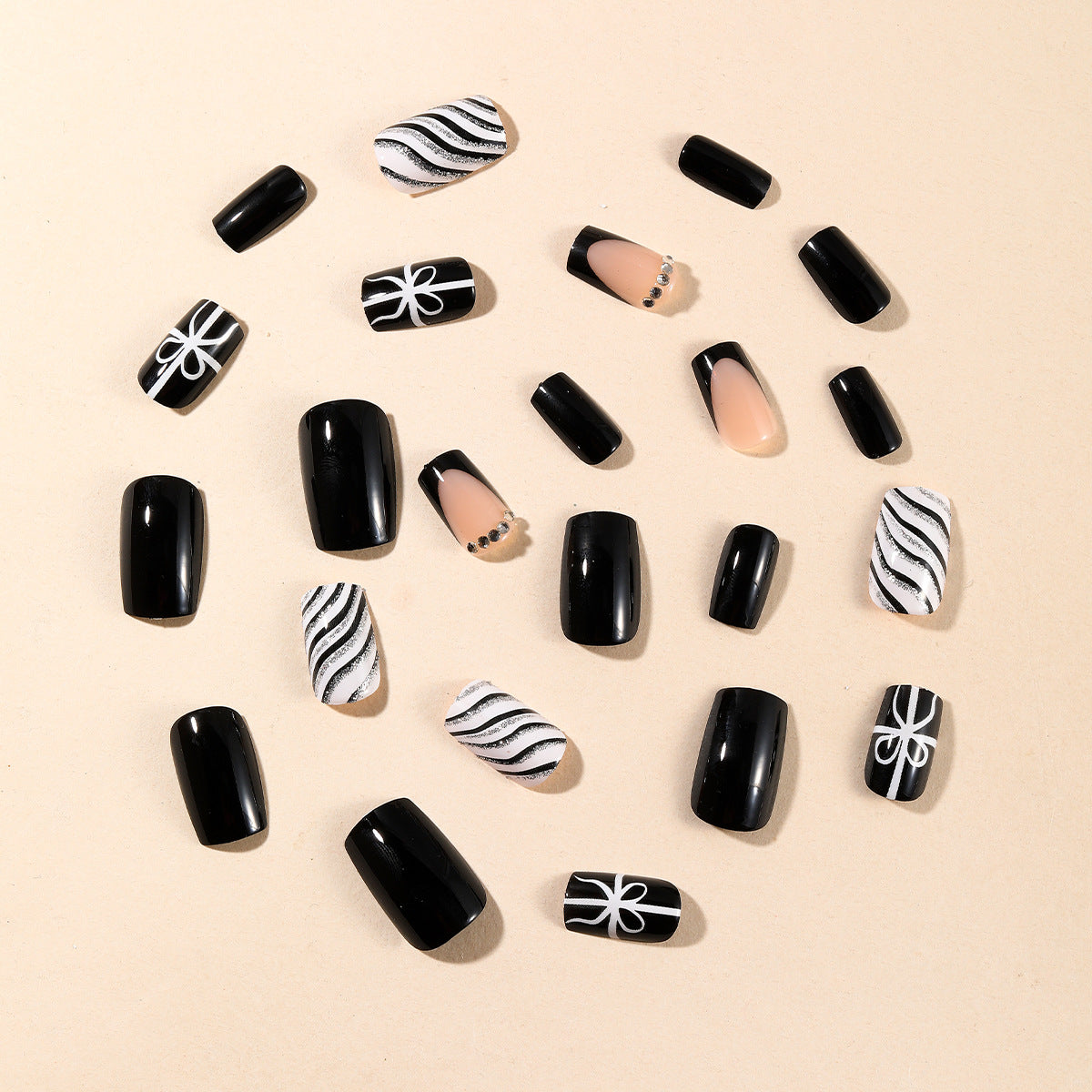 24pcs/Set Christmas Black French Tip with Bow & Black-White Stripe Press-On Nails
