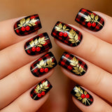 24pcs/Set Red Stripe with Gold Leaf Press-On Nails