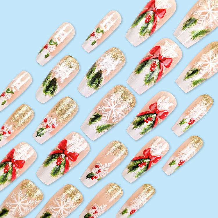 24pcs/Set Gold Glitter Snowflake Christmas French Press-On Nails