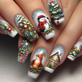 24pcs/Set Christmas Snowman, Cottage, Ornament, Tree & Bow Press-On Nails