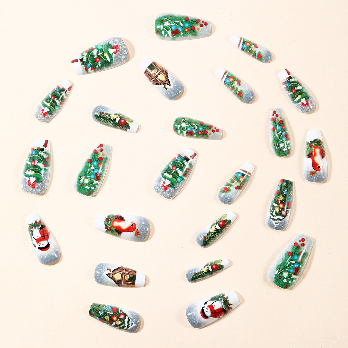 24pcs/Set Christmas Snowman, Cottage, Ornament, Tree & Bow Press-On Nails
