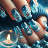 24pcs/Set Blue Christmas Tree Snow Burrow Press-On Nails