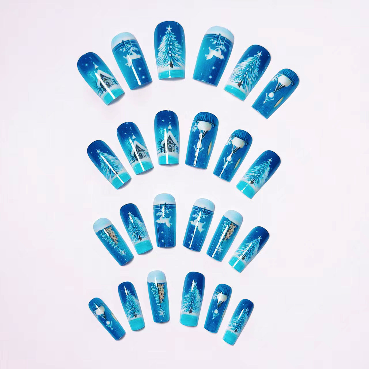 24pcs/Set Blue Christmas Tree Snow Burrow Press-On Nails