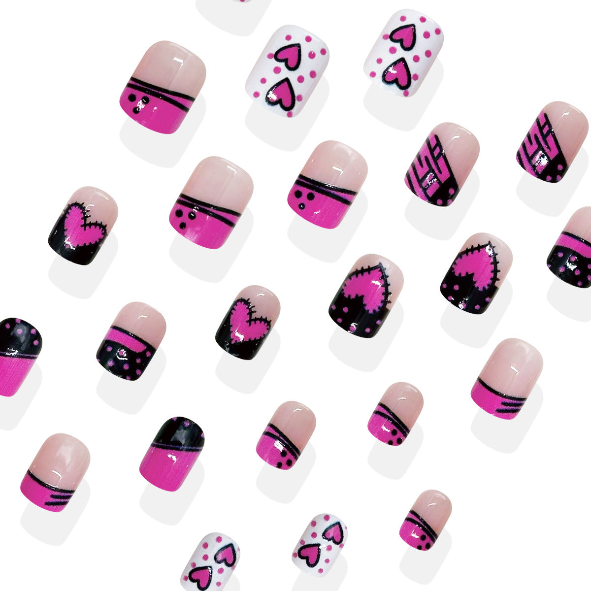 24pcs/Set Short Black-Pink Polka Dot Valentine's Heart Press On Nails