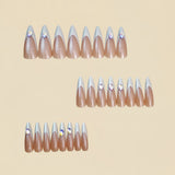 24pcs/Set Long White French with Crystal Rhinestones Press-On Nails