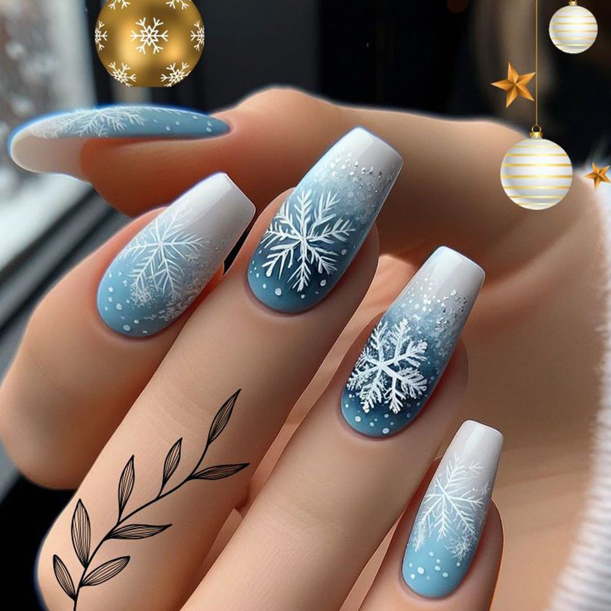24pcs/Set Christmas White Snowflake with Blue Gradient Press-On Nails