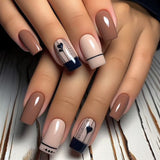 24pcs/Set Brown & White Plaid Press-On Nails