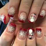 24pcs/Set Short Red French Christmas with Snowman & Snowflake Press On Nails