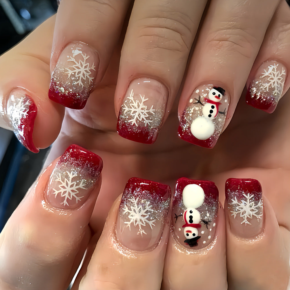 24pcs/Set Short Red French Christmas with Snowman & Snowflake Press On Nails