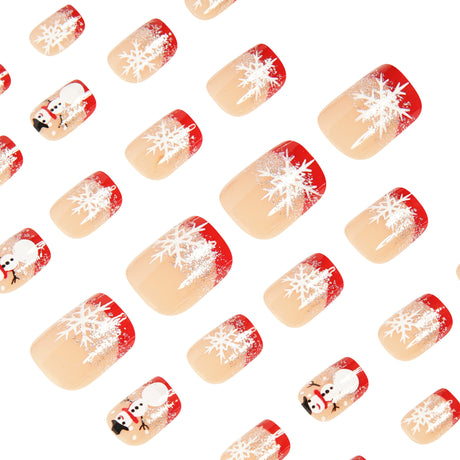 24pcs/Set Short Red French Christmas with Snowman & Snowflake Press On Nails