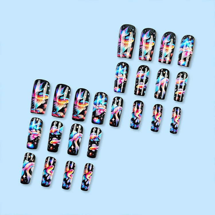 24pcs/Set Galactic Swimming Fish with Cosmic Star Gradient Press-On Nails