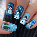24pcs/Set Snowflake Christmas Tree Snowman in Blue Press-On Nails