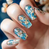 24pcs/Set Blue Background with White Flowers Press-On Nails