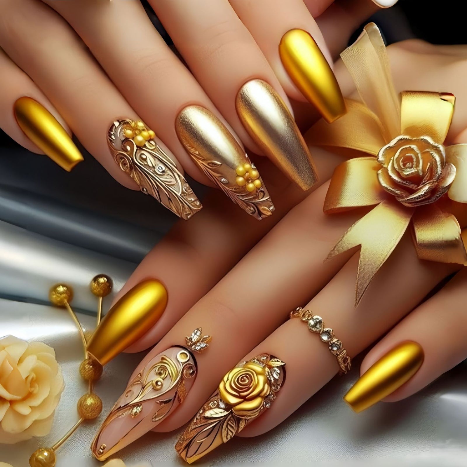 24pcs/Set Gold 3D Floral Press-On Nails